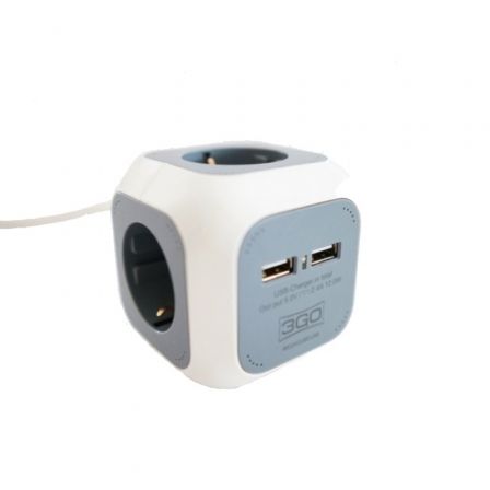 Regleta 3GO REG4CUBEUSB/ 4 Tomas de corriente/ 2 USB/ Cable 1.4m/ Blanca y Gris